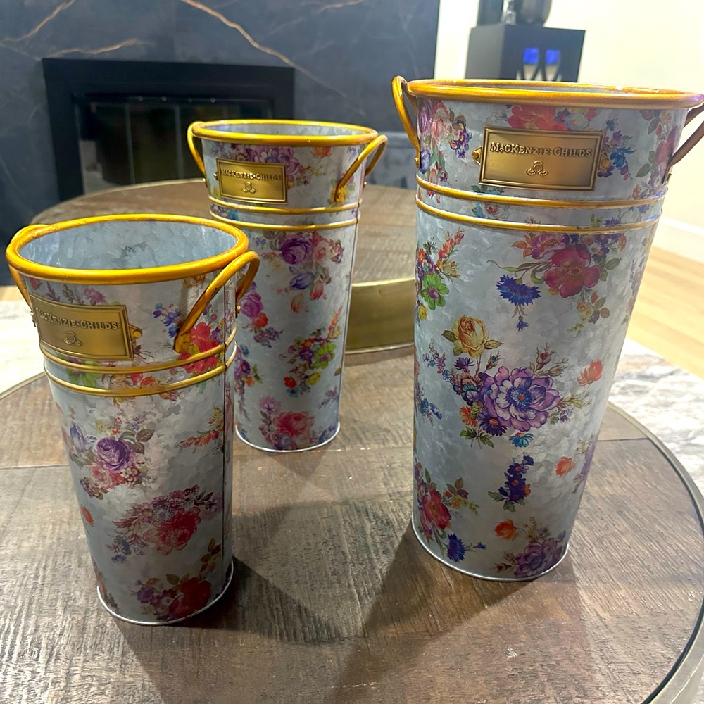 MacKenzie-Childs Flower Market Galvanized Buckets 3-Piece Set great condition